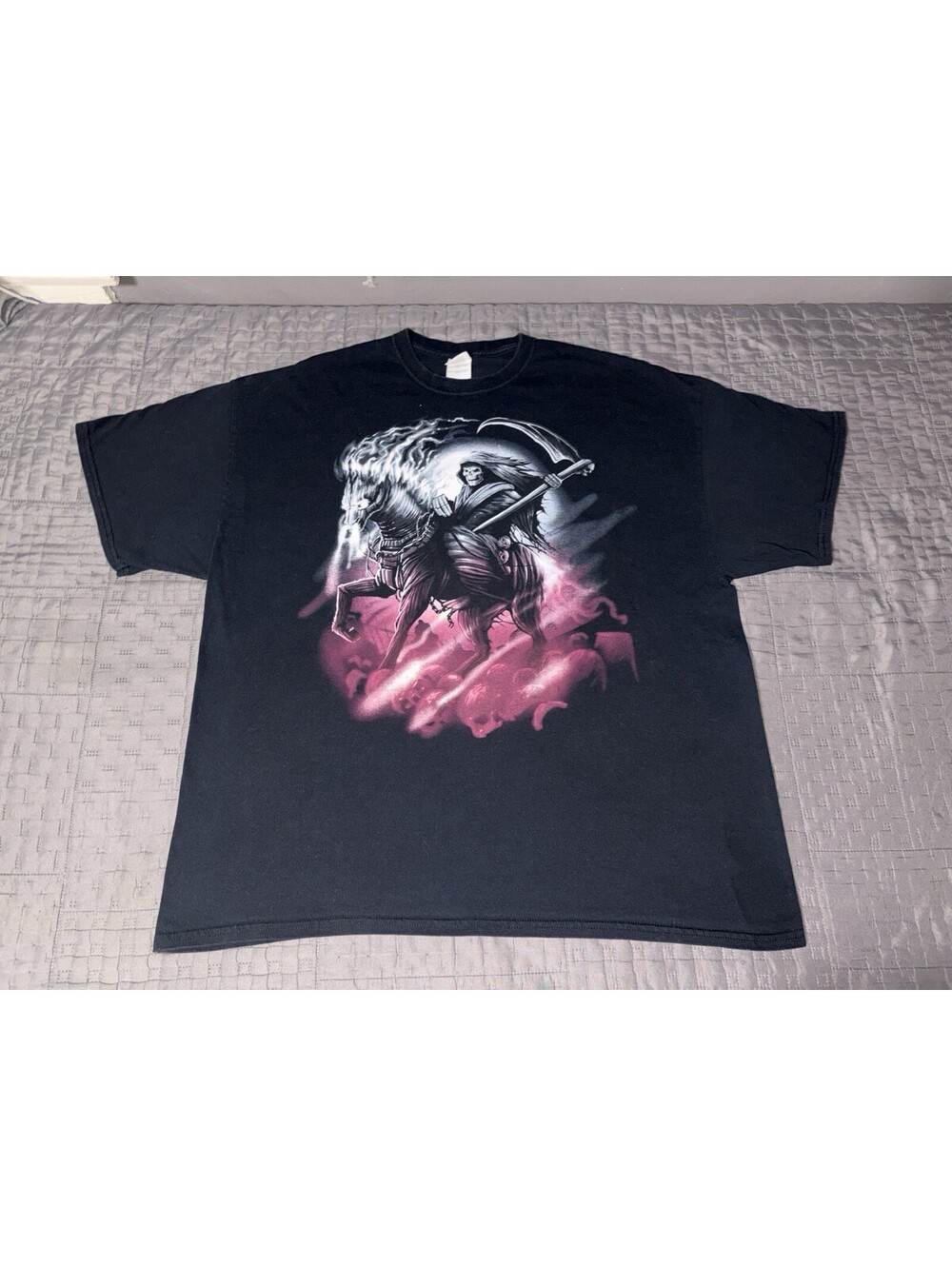 Vintage Y2K Grim Reaper Horse Skull Skeleton Flames Black 1XL T-Shirt
